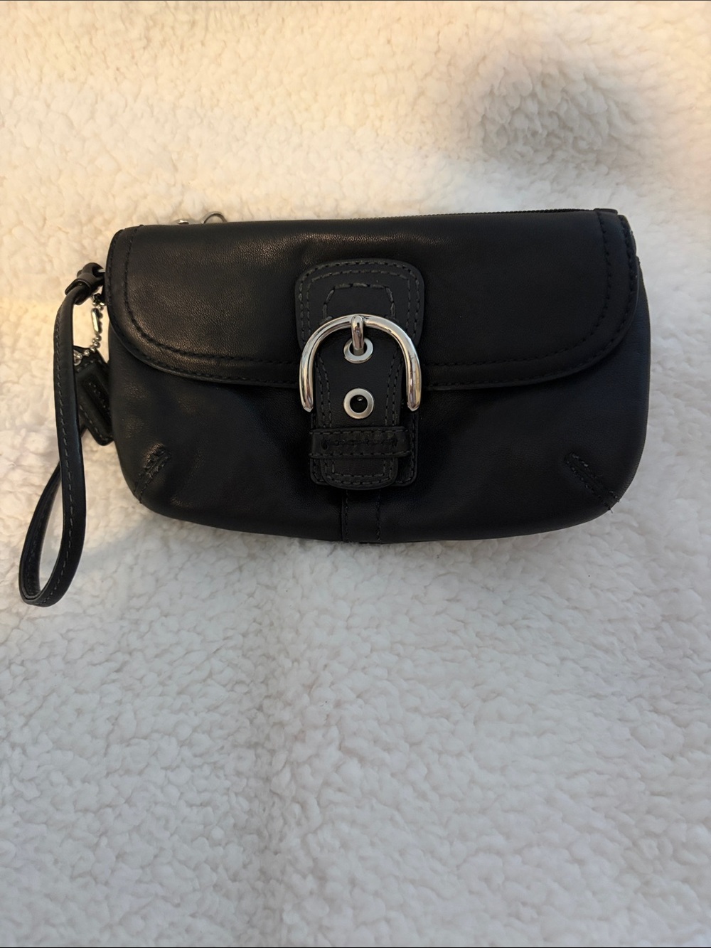 Coach Black Leather Wristlet Clutch with Silver Buckle